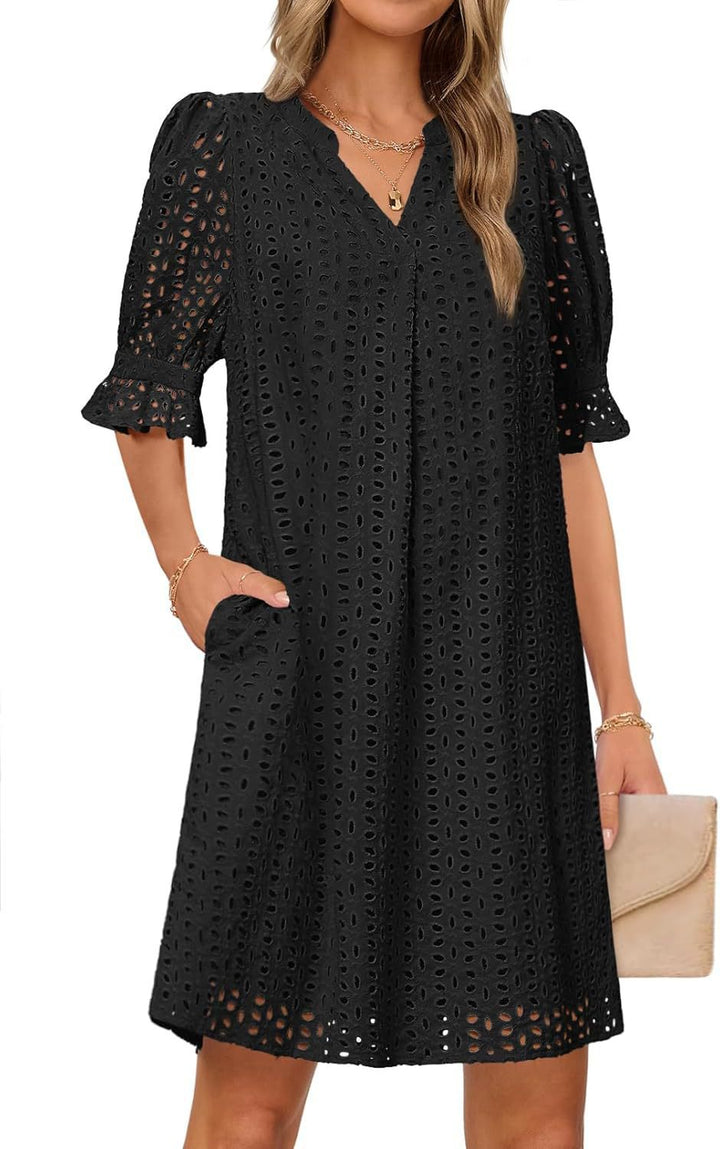 Kvinder Eyelet Midi Kjole med Puffærmer Stilla