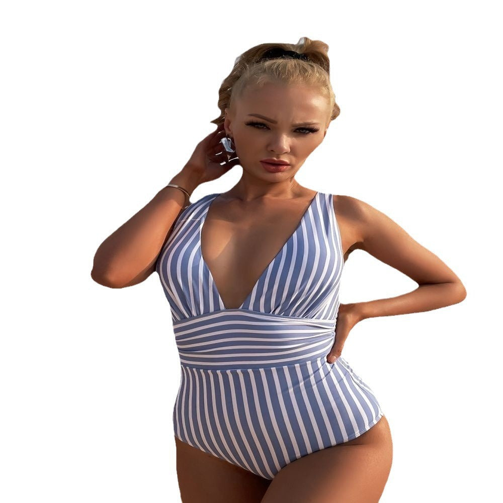 Dame Elegant V-hals onepiece med stribet design Skovae