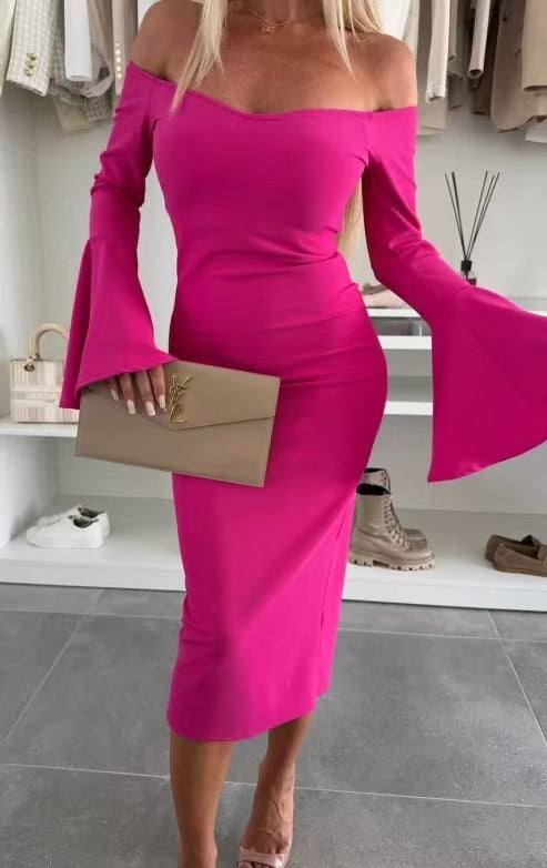 Dame Off-Shoulder Bodycon Midi Kjole med udvidede ærmer Stilla