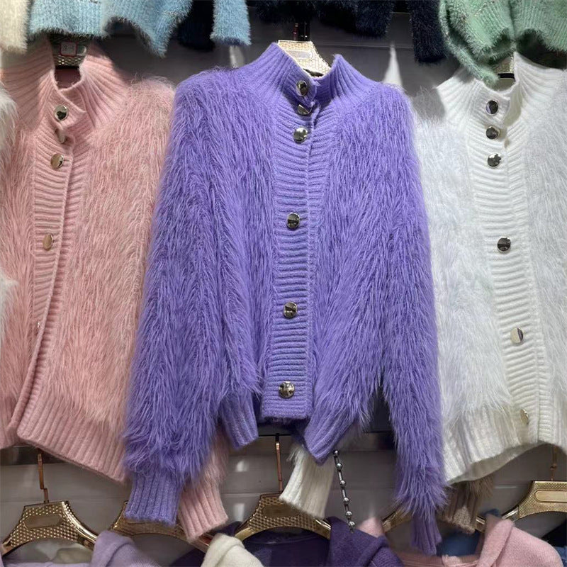 Kvinders hyggelige cardigan med knaplukning og høj krave Stilla