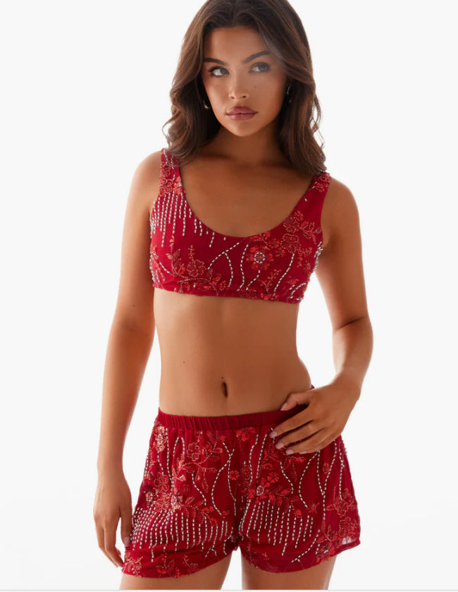 Kvinders bikini sæt med funklende blomsterdetaljer og tætsiddende snit