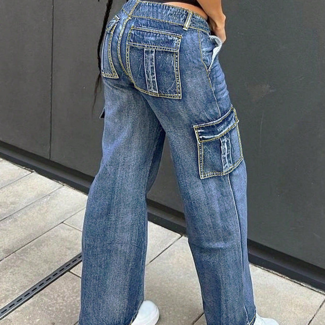 Dame Cargo-Jeans med kontrastfarvede sømme og praktiske sidelommer Stilla