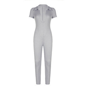 Dame figursyet jumpsuit med krave og kort ærme Skovae