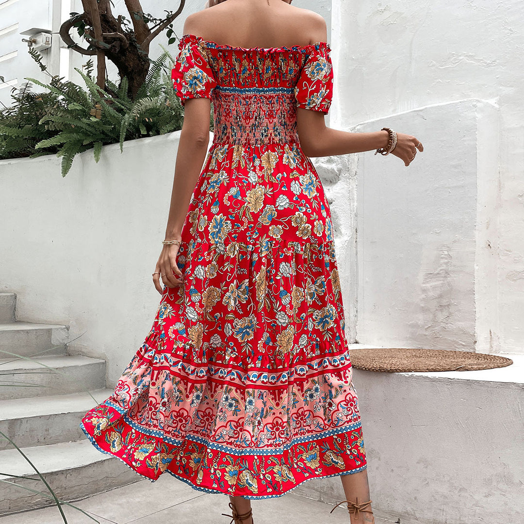 Kvinders Off-Shoulder Maxi Kjole med Blomsterprint og Elastisk Talje Bånd Stilla