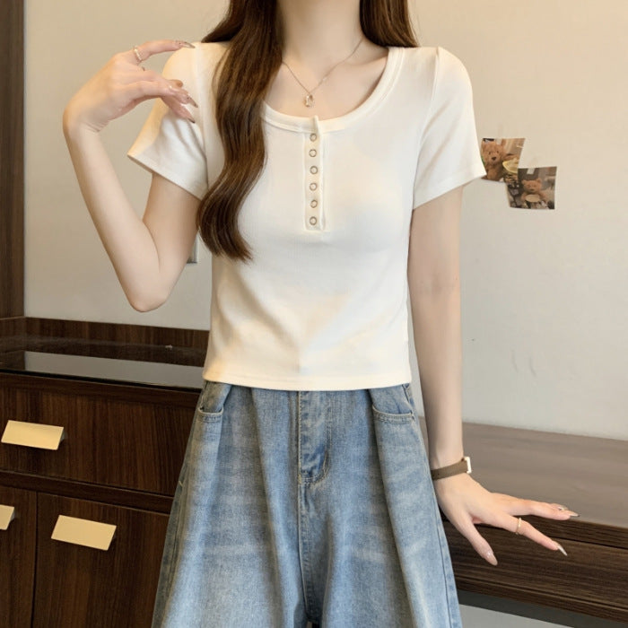 Dame Button-Up Kortærmet Henley Top Stilla
