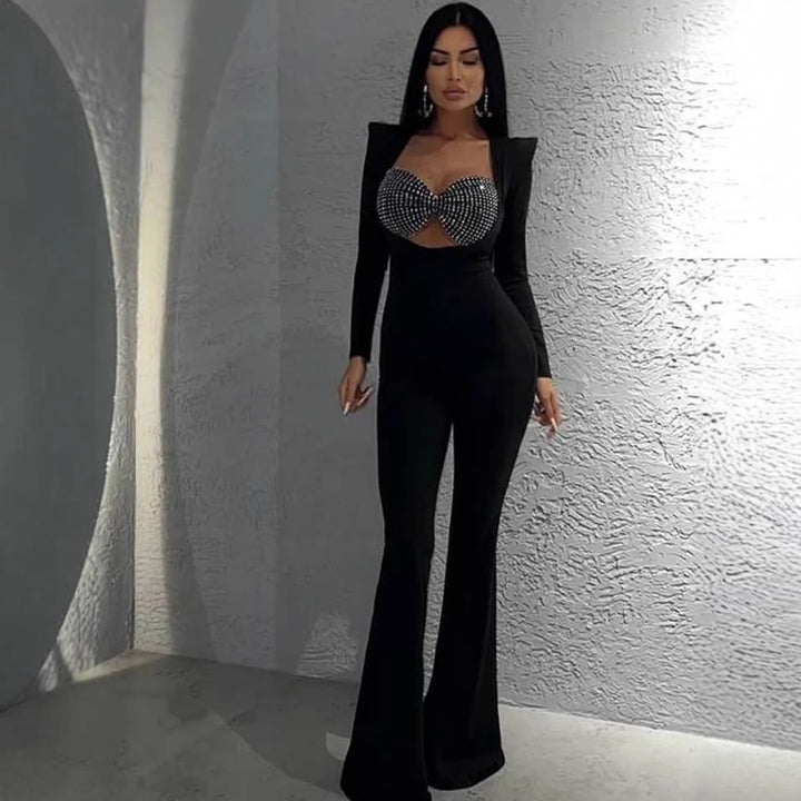 Dame glamour jumpsuit med glitrende perler og tætsiddende snit