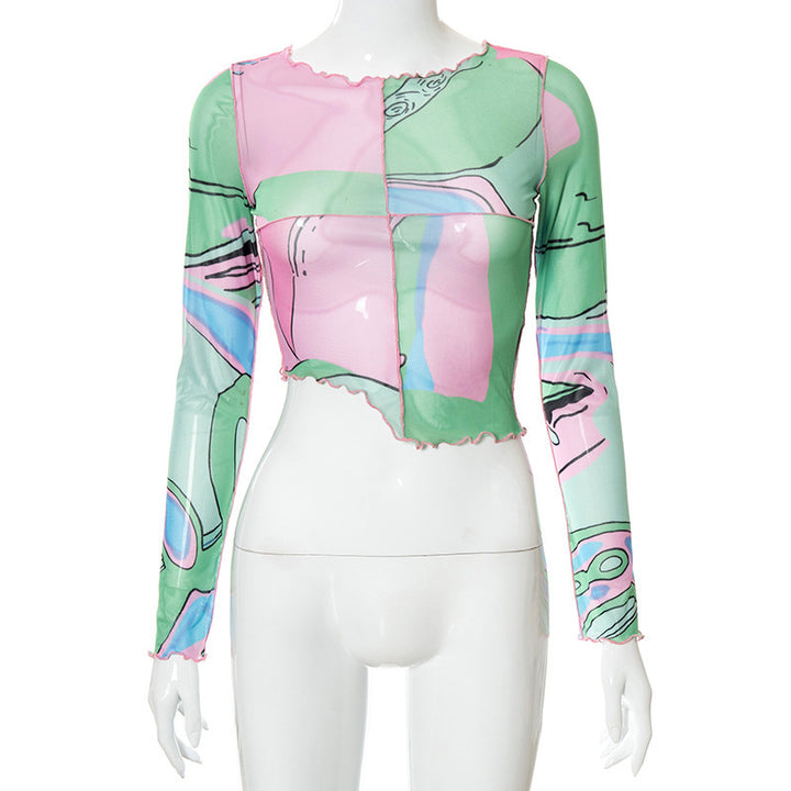 Dame Crop-top med kreative grafiske prints og figursyet snit Skovae