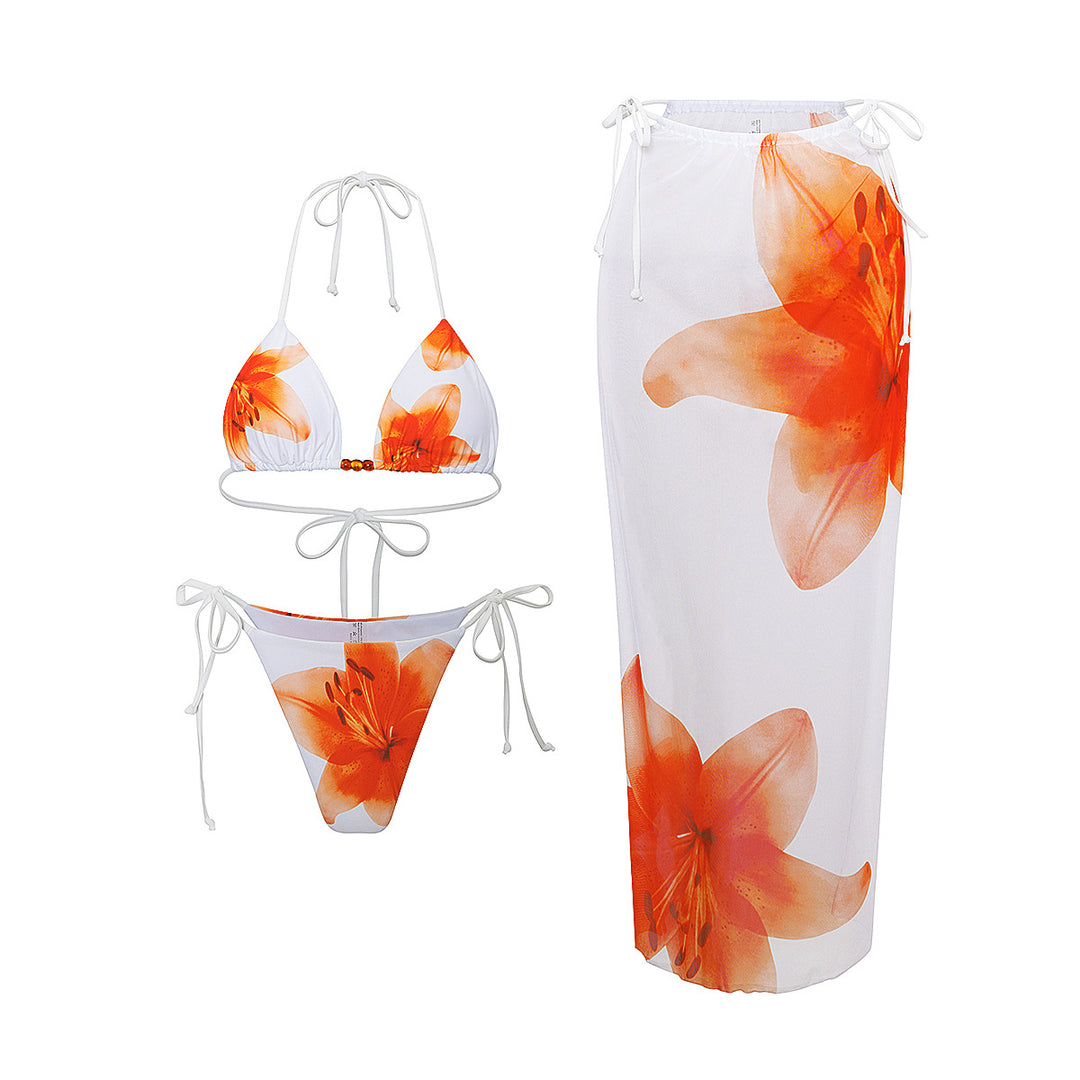 Dame bikini-sæt med elegant indpakningsskørt og modne blomsterprint Skovae