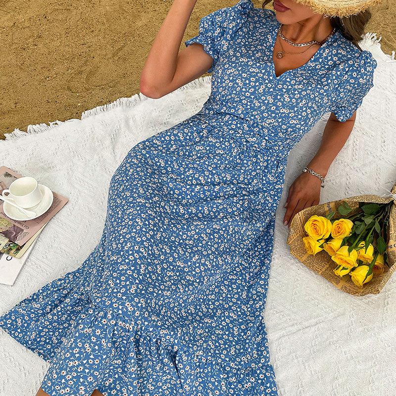 Dame Floral Print Viskestofkjole med Flæsekanter Stilla