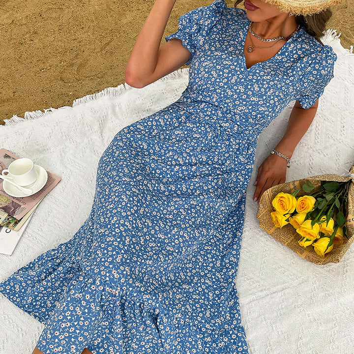 Dame Floral Print Viskestofkjole med Flæsekanter Stilla