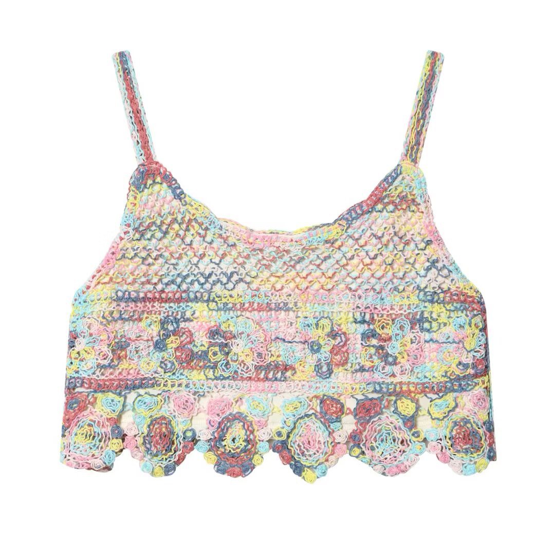 Dame luftig spids crop top med farverigt hækle mønster Skovae