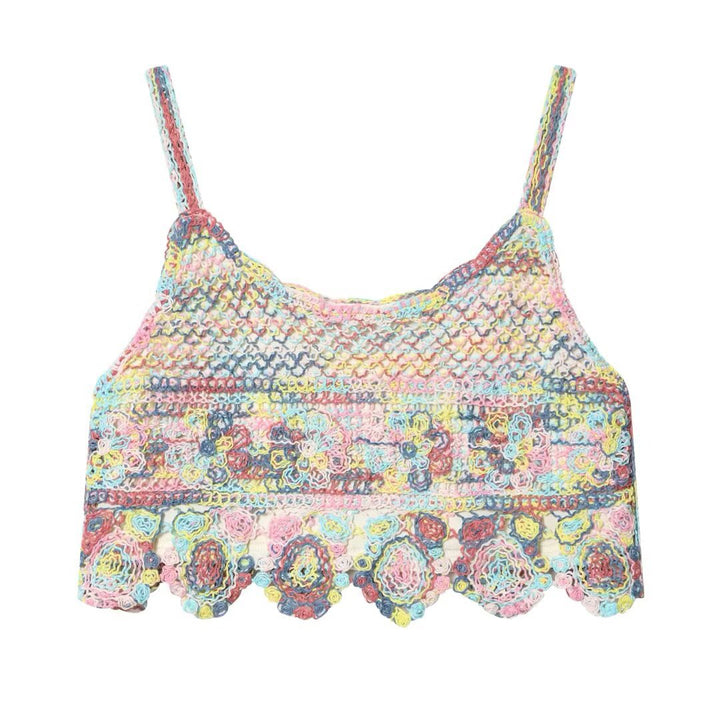 Dame luftig spids crop top med farverigt hækle mønster Skovae