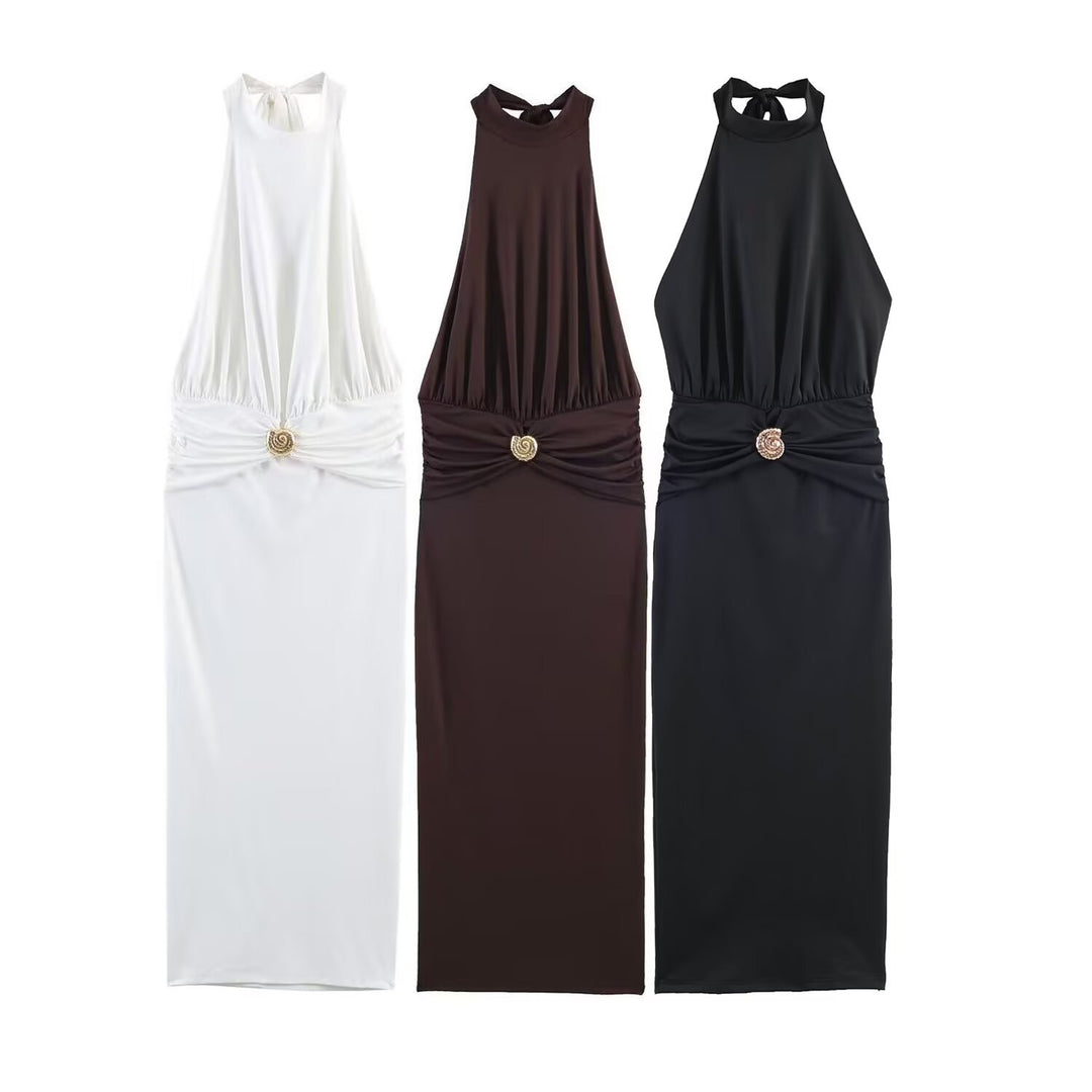 Dame maxikjole med smart halterneck og dekorativ drapering Skovae