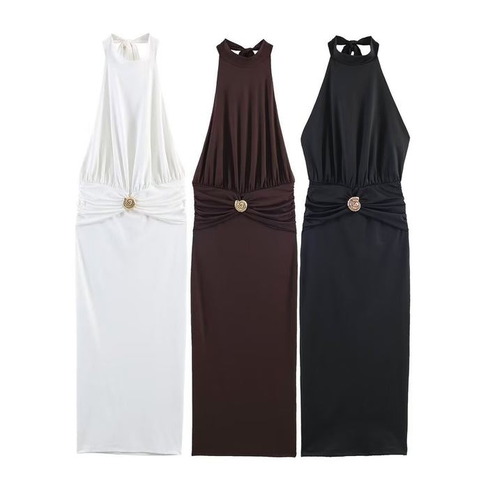 Dame maxikjole med smart halterneck og dekorativ drapering Skovae
