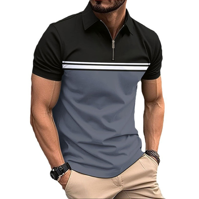 Herrer polo t-shirt med moderne lynlås og sporty stribemønster Stilla