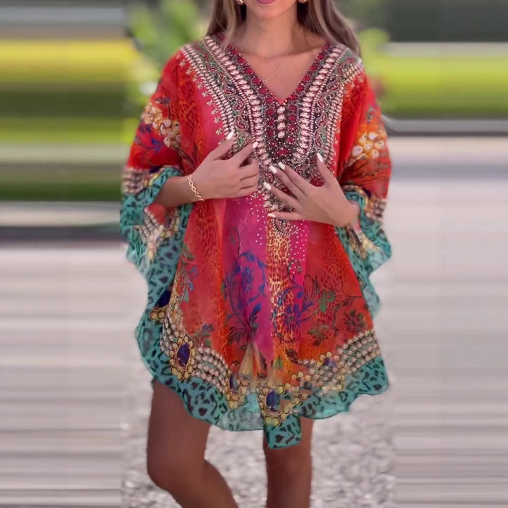 Dame Kaftan med elegant V-udskæring og funkende print Stilla
