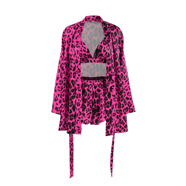 Dame Satin-Kimono- morgenkåbe med moderne leopardmønster og taljebælte Stilla