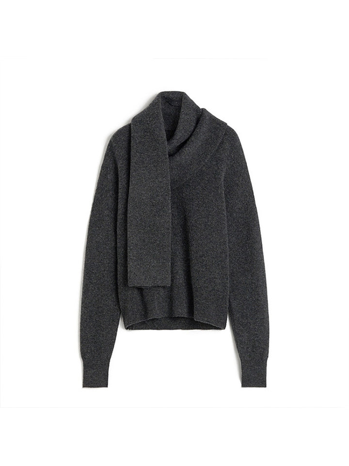 Dame elegant strikpullover med smart krave og integreret tørklæde Stilla
