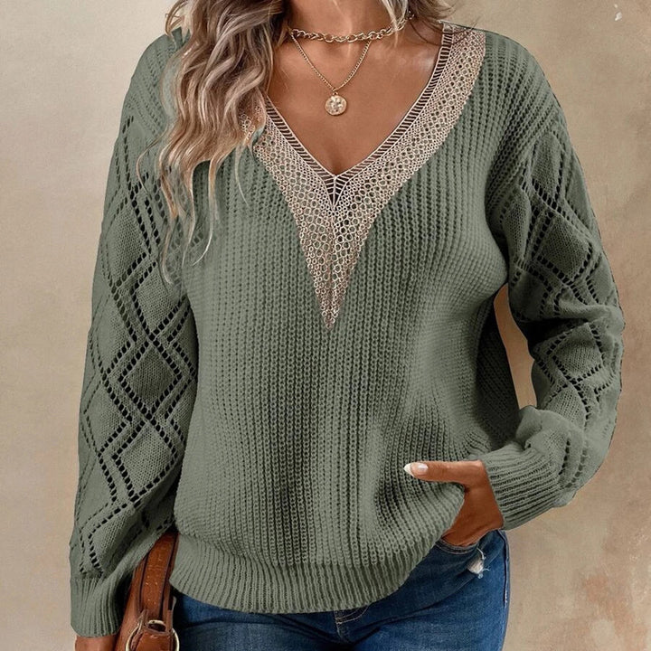 Femme struktureret V-hals strikpullover med spidse accenter Stilla
