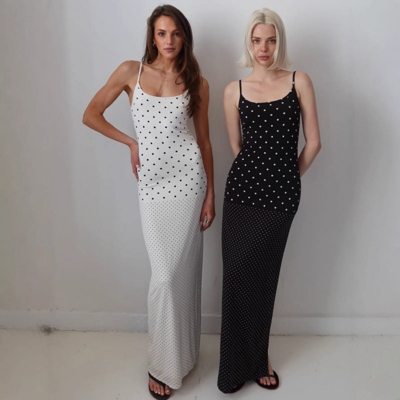 Dame Elegant Polka Dot Maxikjole med justerbare stropper og flydende snit Skovae
