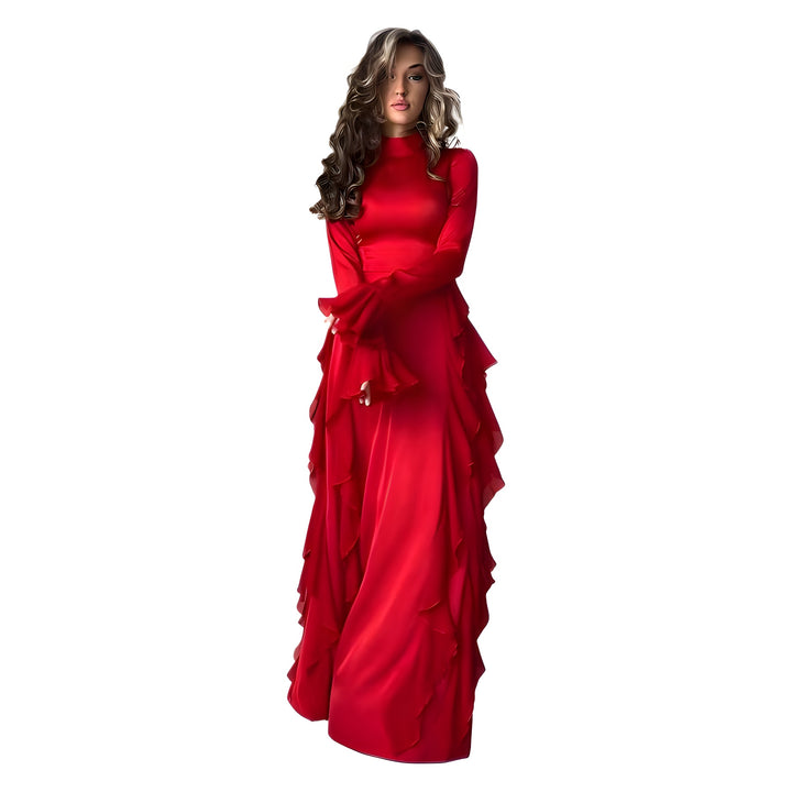 Dame Elegante Maxi Kjole med Voluminøse Ruffle Detaljer og Skinnende Finish