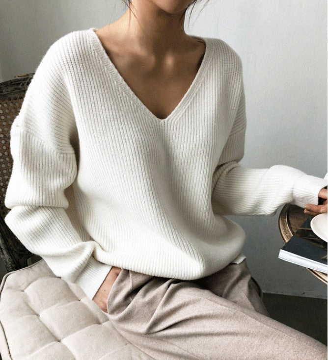 Damer hyggelig V hals pullover med ribbet tekstur Stilla