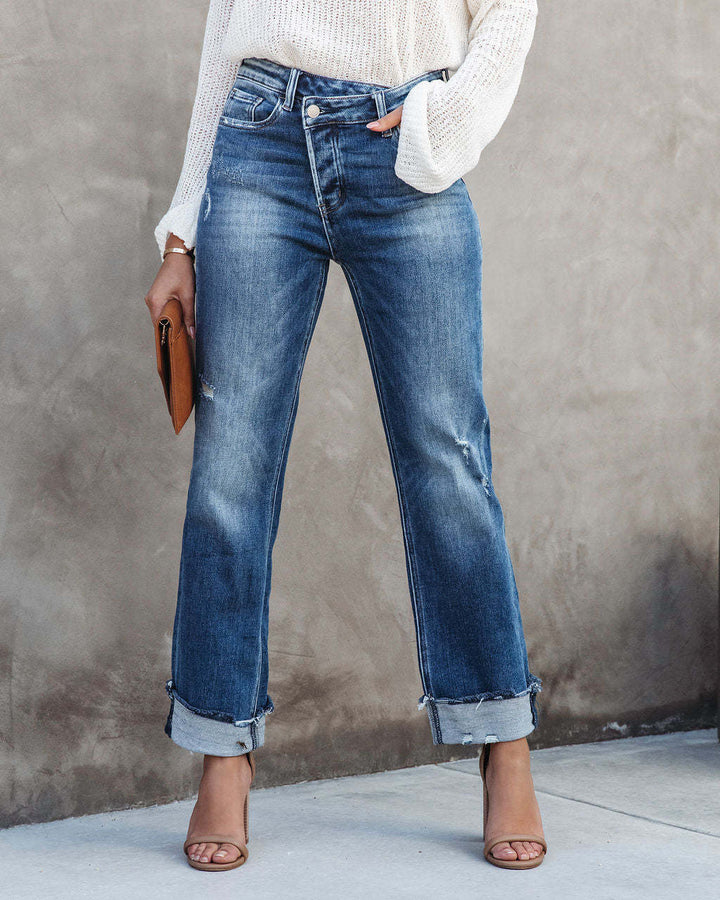 Dame High-Waist Jeans med afslappet Wide-Leg-snit og frynset ender Stilla