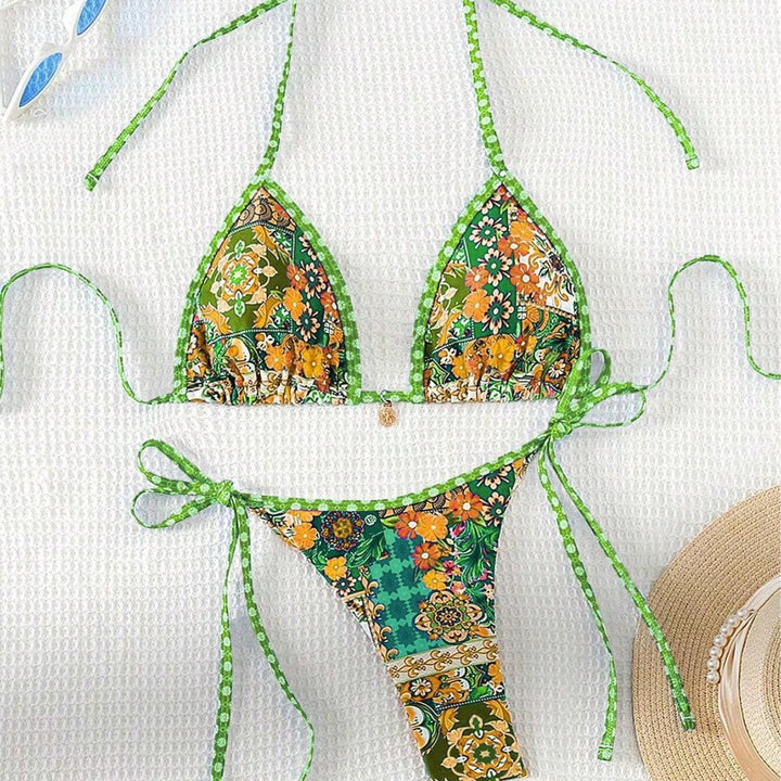 Dame triangel-bikini med farverigt blomster mønster mix og justerbare stropper Skovae
