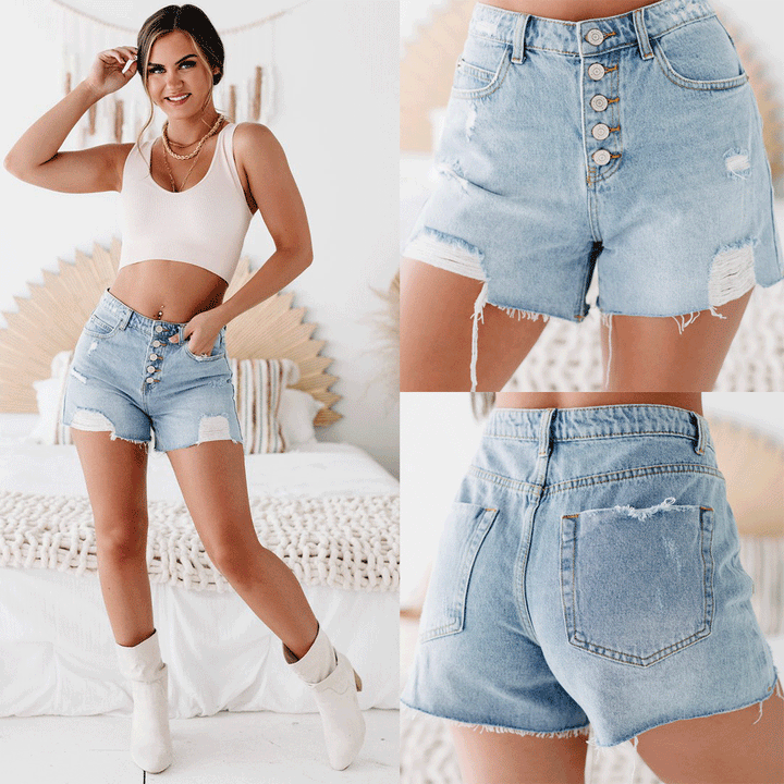 Dame High-Waist Denim-Shorts med knaplukning og modeshæmmende distressed-detaljer Stilla