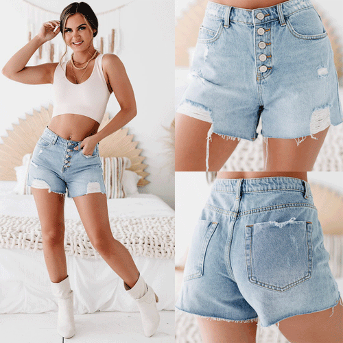 Dame High-Waist Denim-Shorts med knaplukning og modeshæmmende distressed-detaljer Stilla