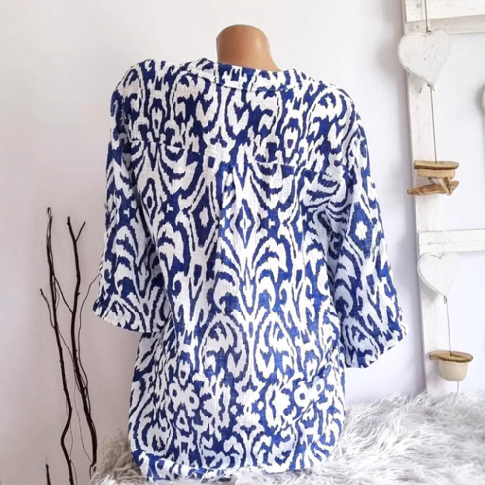 Dame nan locker skåret tunika-bluse med Ikat-mønster, V-hals og trekvartærmer Skovae