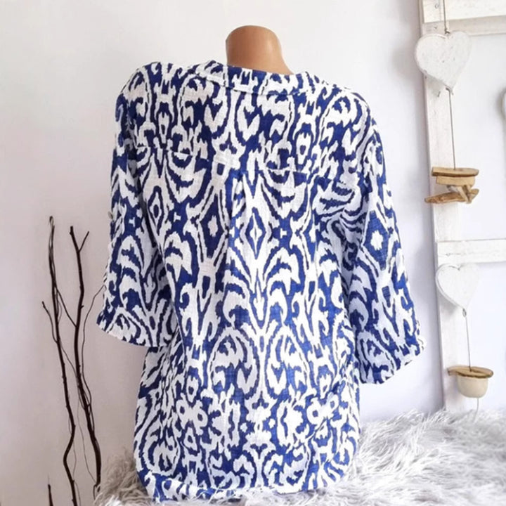 Dame nan locker skåret tunika-bluse med Ikat-mønster, V-hals og trekvartærmer Skovae