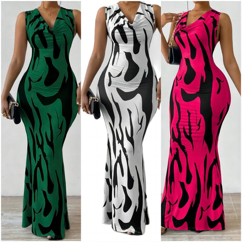 Dame Elegant tætsiddende Maxi-kjole med unikt flammemønster Stilla