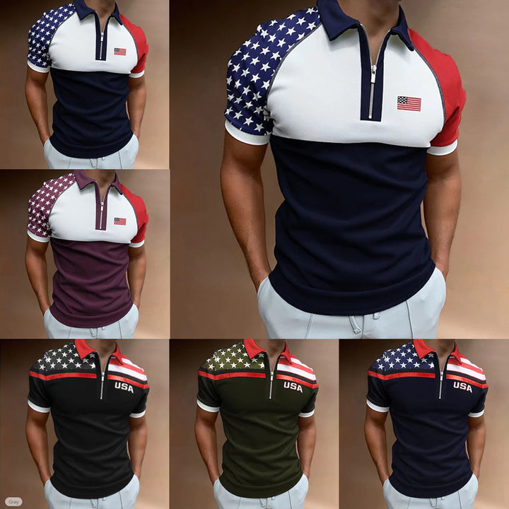 Herrer Zip-Up Performance Polo-Shirt med amerikansk flag-applikation Stilla