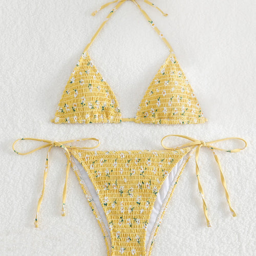 Dame Triangel-Bikini-Sæt med blomsterprint og høj kvalitets bindebånd Skovae