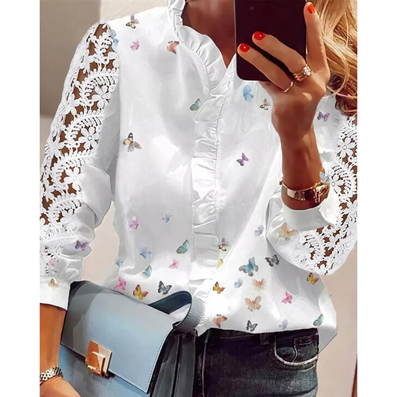 Dame elegant bluse med spidsærmer og sommerfugledetalje Stilla