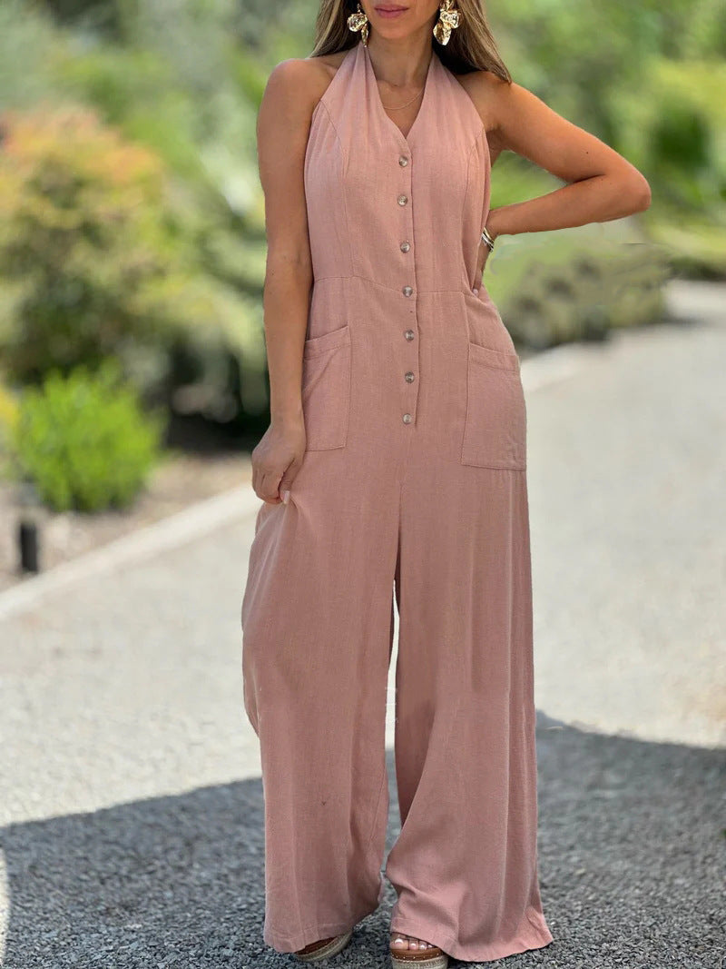 Dame Halter- jumpsuit med praktiske lommer og knaplukning Stilla