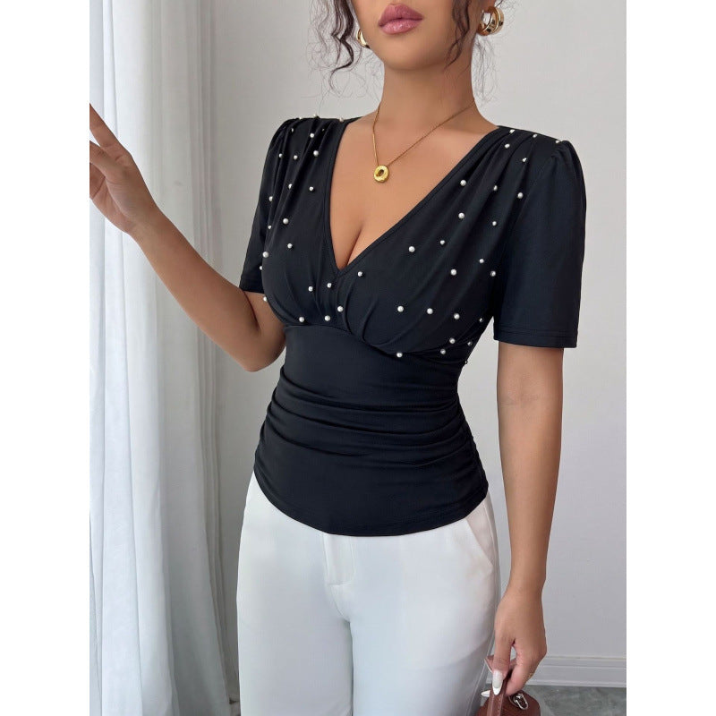 Dame elegant bluse med perle-detalje Skovae