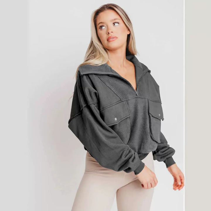 Dame behagelig fleece-trøje med praktiske lommer og moderigtig krave Stilla
