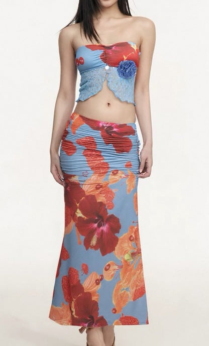 Femme Floral Crop Top og Maxi Nederdel Sæt Stilla
