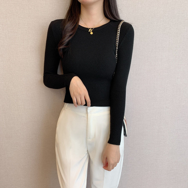 Dame Figurtilpasset Ribstrikket Sweater med Rund Hals
