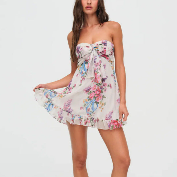 Dame uden stropper chiffon sommerkjole med blomsterdesign bandeau-top og flæsebesætning Skovae