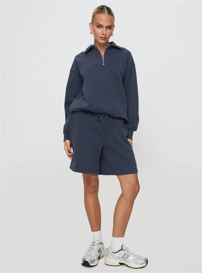 Kvinders afslappede sweatshirt og shorts sæt med stående krave og praktisk lynlås Skovae