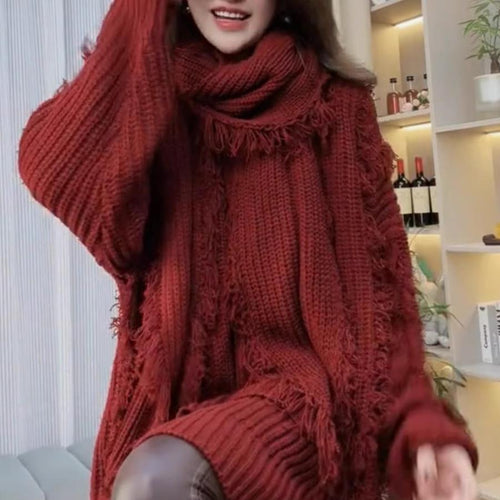 Kvindernes oversized strikket sweater med frynser og V-hals Stilla