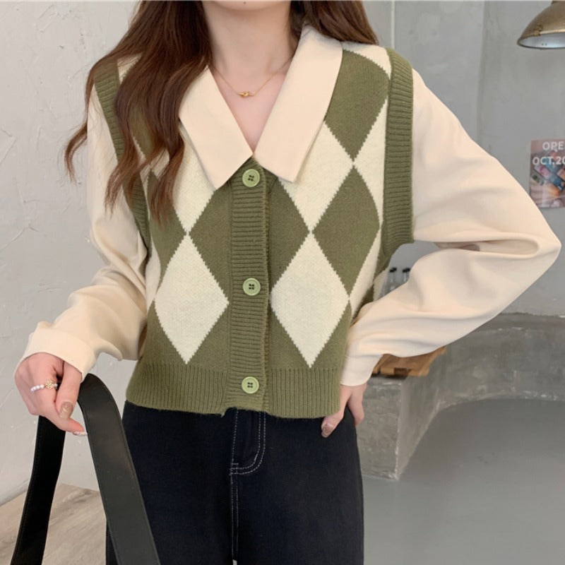 Femme Argyle Strikvest med klassisk krave Stilla