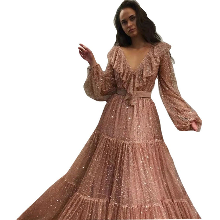 Dame Elegant Maxikjole med Flæse Detaljer og Glimt Effekt Stilla