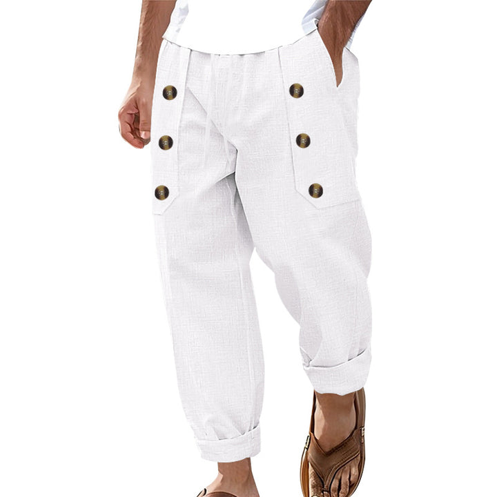 Herren nan loose linen pants with decorative button stripes, rolled ankle hem and side pockets Skovae