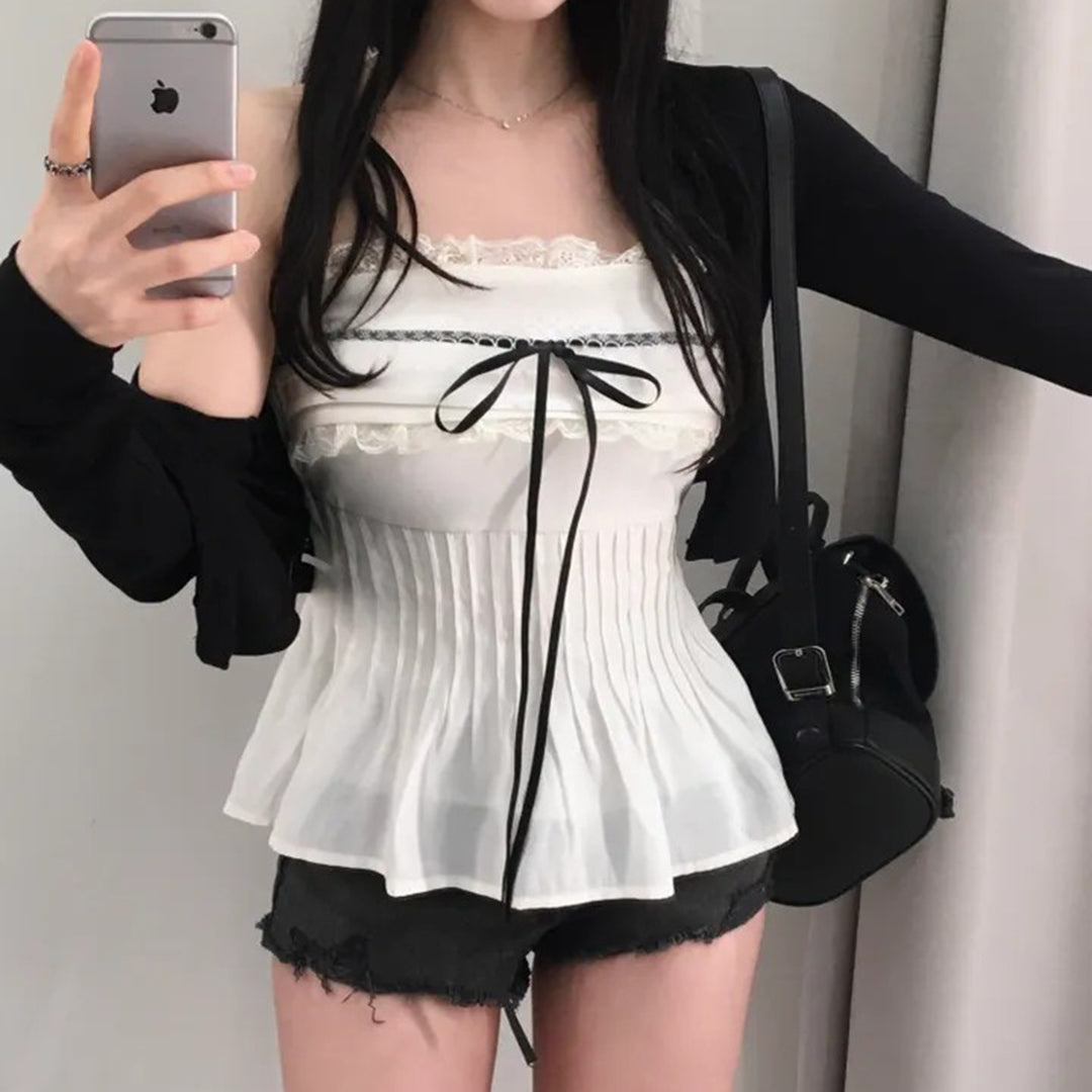 Dame Off-Shoulder Blusenshirt med Rysjer og Bindebånd Skovae