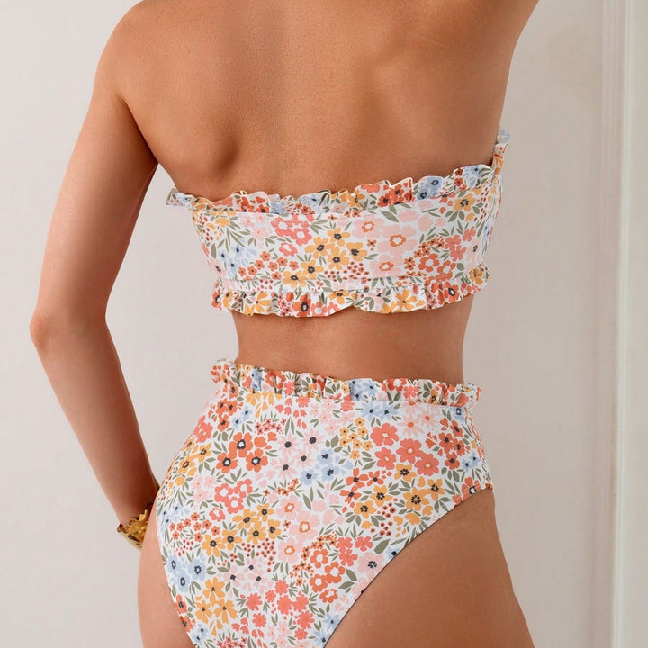Dame bikini-sæt med romantiske flæse detaljer og høj taljebånd Skovae