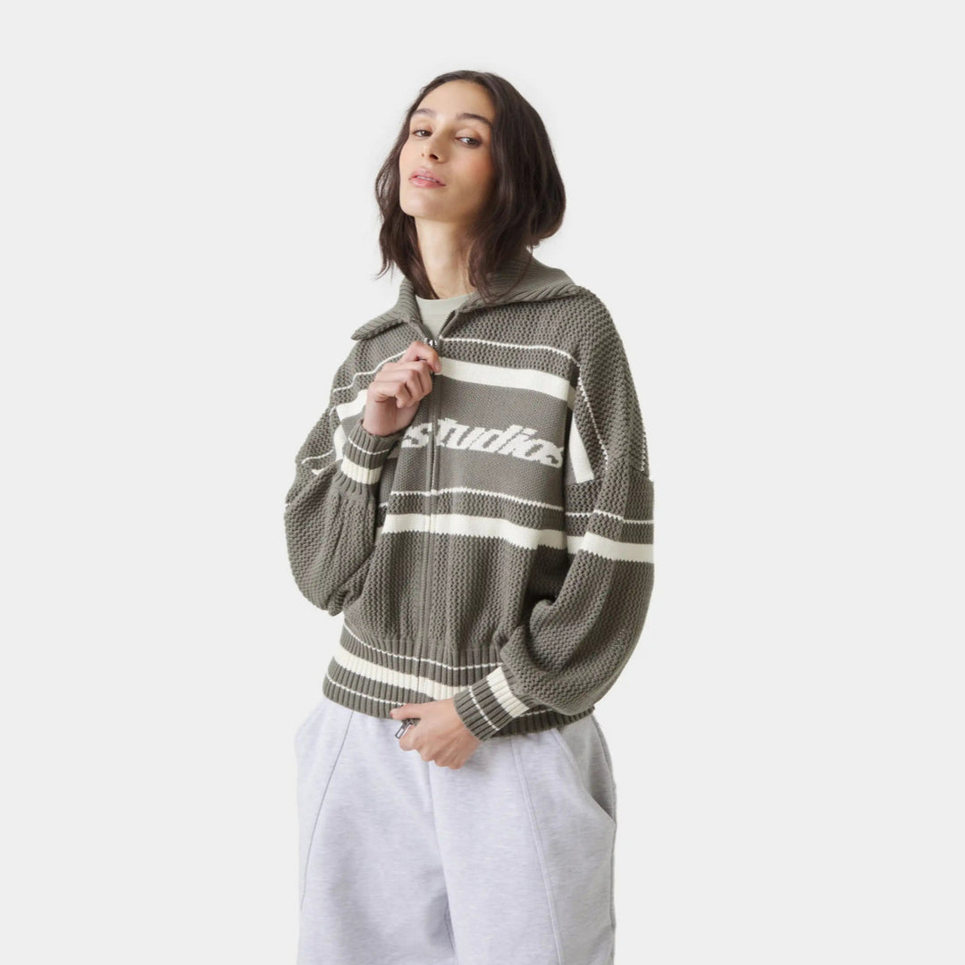 Kvinders trendy lynlås sweatervest med høj krave og tekstureret stof Stilla